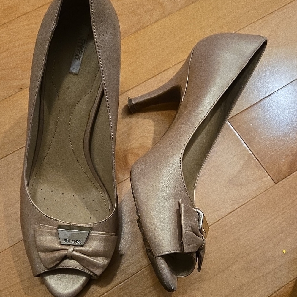 Geox Taupe Peep-Toe Heels with Bow Accent